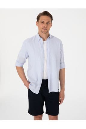 Açık Mavi Keten Karışımlı Regular Fit Uzun Kollu Gömlek 50303388-vr095
