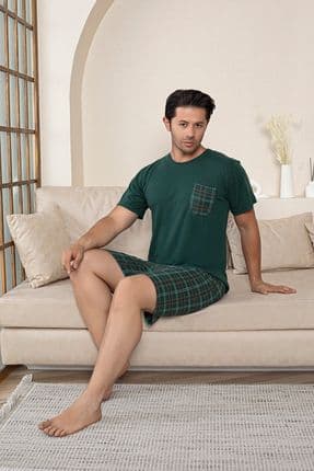 Erkek Penye Yeşil Ekoseli Kısa Kol Şortlu Pijama Takımı