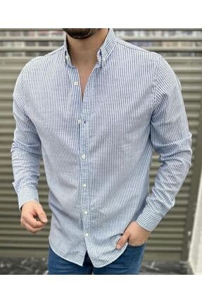Keten Çizgili Slim Fit Erkek Şık Premium Kalite Düğmeli Pamuklu Erkek Gömlek Klasik ve Spor Giyim
