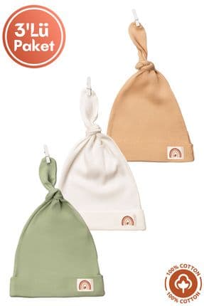 Unisex Bebek Arma Detaylı Bağlamalı Penye Organik Pamuklu Yenidoğan 3Lü Bebek Bere Set