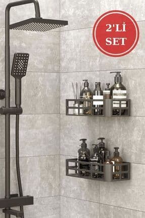 2li Yapışkanlı Banyo Rafı Şampuanlık Sabunluk Set Antrasit