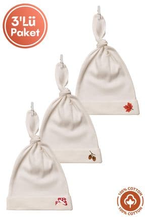 Unisex Bebek Wood Baskılı Bağlamalı Penye Organik Pamuklu Yenidoğan 3Lü Bebek Bere Set