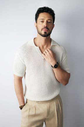 Erkek Bej %100 Pamuk Polo Yaka Düğmesiz Ajurlu Triko T-shirt A51y5166