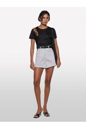 Kadın Siyah %100 Liyosel Omzu Detaylı Bisiklet Yaka Relax Fit T-Shirt