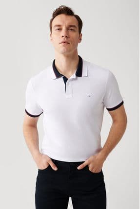 Erkek Beyaz Yakası Çizgili %100 Pamuk 2 Düğmeli Polo Yaka T-shirt E001036