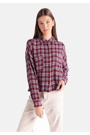 Regular Fit Shirt Neck Ekoseli Kadın Bordo Uzun Kol Gömlek