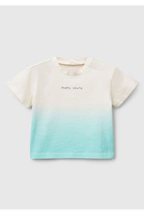 Bebek Turkuaz Renk Geçişli Boya Baskılı Bisiklet Yaka T-Shirt