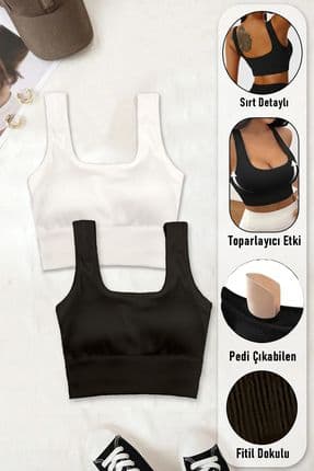 Kadın Crop 2'li Paket Siyah - Beyaz Pedli Spor Sütyeni Yarım Atlet Büstiyer Bluz
