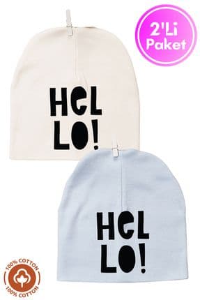 Unisex Bebek Hello Baskılı Penye Organik Pamuklu Yenidoğan 2Li Bebek Bere Renkli Set