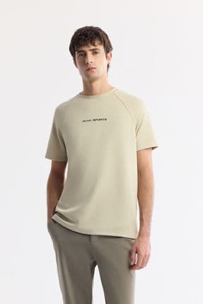 Erkek Bej Bisiklet Yaka Baskılı T-shirt A41y1168