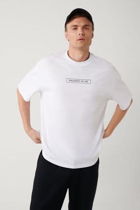 Erkek Beyaz %100 Pamuk Bisiklet Yaka Baskılı T-shirt A41y1173