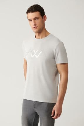 Erkek Açık Gri Bisiklet Yaka Baskılı Soft Touch T-shirt A41y1131