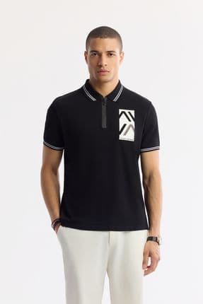 Erkek Siyah Fermuarlı Polo Yaka Önü Enjeksiyon Baskılı T-Shirt A51Y1167