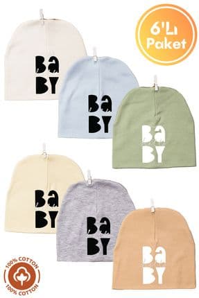 Unisex Baby Baskılı Çift Katlı Bebek Penye Organik Pamuklu Yenidoğan 6Lı Bebek Bere Set