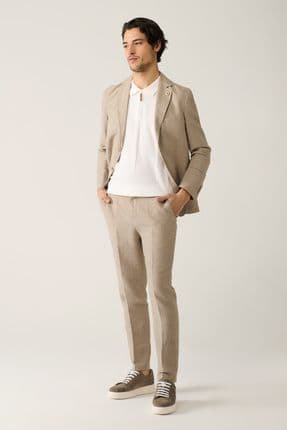 Erkek Vizon Relaxed Fit Beli Lastikli Keten Karışımlı Linen Touch Takım Elbise Pantolonu A41y3260
