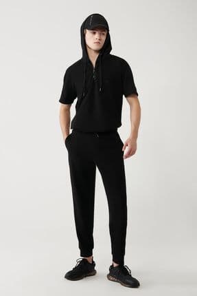 Erkek Siyah Jersey Kumaş 2 Iplik Garnili Eşofman Altı A41y3415