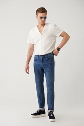 Erkek Indigo Eskitme Yıkamalı Fitilli Esnek Jean Pantolon A41y3508