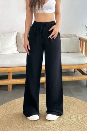 Kadın Keten Beli Lastik Bağlamalı Yüksek Bel Geniş Kesim Cepli Yazlık Pantolon