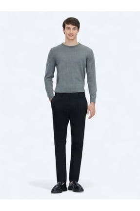 Siyah Düz Dokuma Regular Fit Casual Pamuk Karışımlı Pantolon