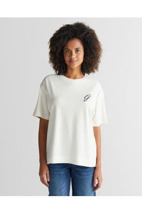 Kadın Krem Bisiklet Yaka Logolu T-Shirt