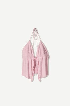 Halter yakalı fırfırlı askılı bluz
