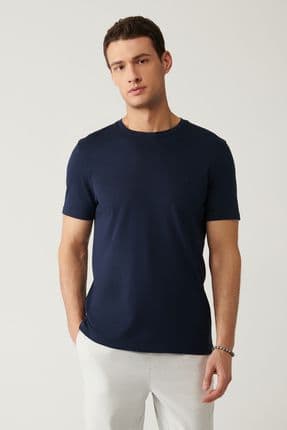 Erkek Lacivert Soft Touch Bisiklet Yaka Düz Modal T-shirt B001171