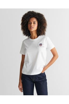 Kadın Beyaz Regular Fit Bisiklet Yaka Logolu T-Shirt