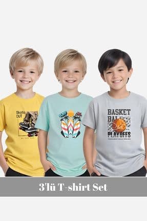 Erkek Çocuk Yuvarlak Yaka 3'lü Basketball-surf Al Day Baskili T-shi̇rt