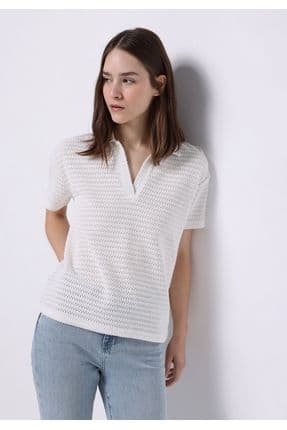 Regular Fit Polo Yaka Jakarlı Kadın Beyaz Kısa Kol Tişört