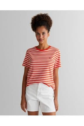 Kadın Turuncu Regular Fit Bisiklet Yaka Çizgili T-shirt