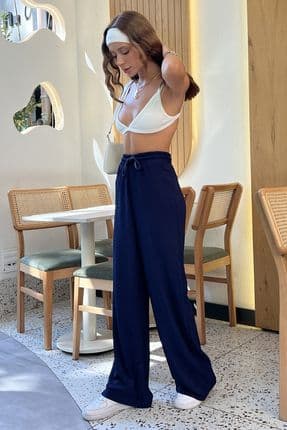 Kadın Lacivert Gofre Kumaş Pantalon