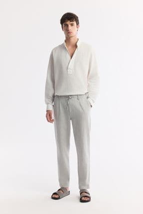 Erkek Gri Relaxed Fit Beli Bağcıklı Keten Karışımlı Chino Pantolon B003036