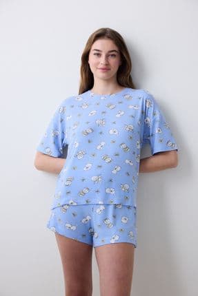 Bowtiful Printed Tişört Açık Mavi Pijama Üstü