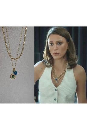 Serenay Ikili Kolye (Dorika Ve Yeşil Zirkon Taşlı Baget Kolye Mavi Cam boncuklu )Leyla Çoklu Kolye
