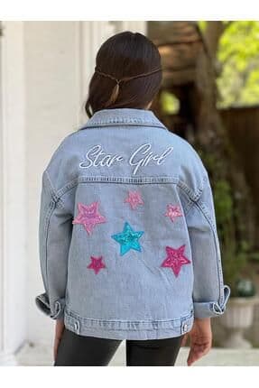 Kız Çocuk Yıldız Pul Payet Işlemeli Kot Ceket-jeans Ceket/kot Mont-jeans Mont