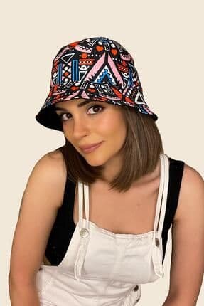14294 Çift Taraflı Geometrik Desen Siyah Bucket Şapka