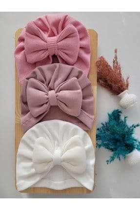 Kız Bebek & Çocuk Renkli Fiyonk Bone 3'lü Set