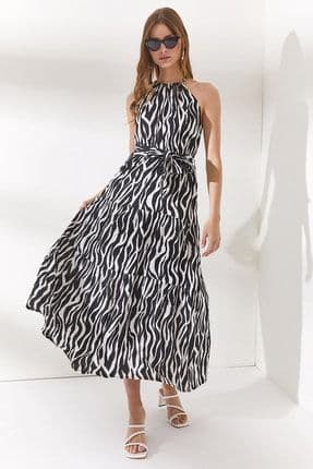 Kadın Zebra Siyah Halter Yaka Kuşaklı Dokuma Viscon Elbise ELB-19001548