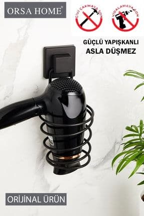 915 Kare Güçlü Macun Yapışkanlı Saç Kurutma Makine Askısı, Mat Siyah Fönlük